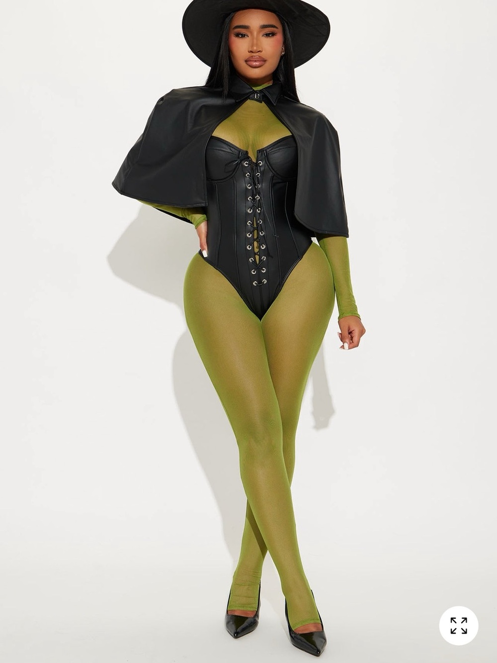 Fashion Nova Black Faux Leather Corset Bodysuit with Olive Green Mesh Tights